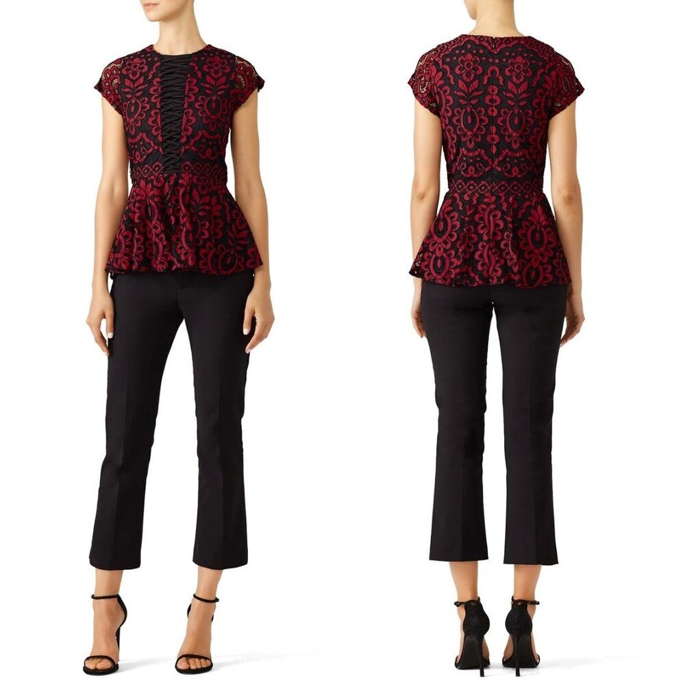 Parker Whittney Red & Black Lace Peplum Combo Top Blouse Size XS X-Small
